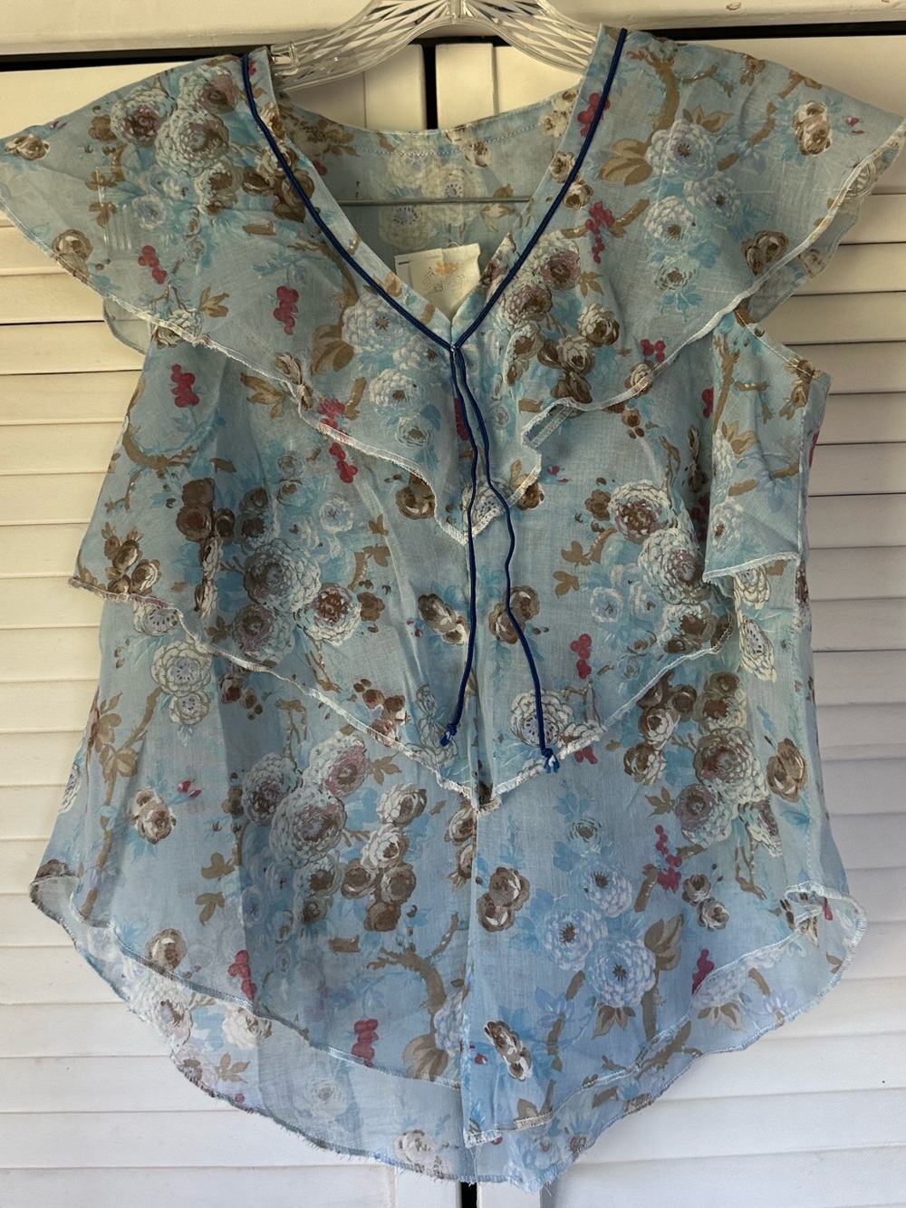 Light Blue Floral Ruffle V-Neck Blouse with Tie